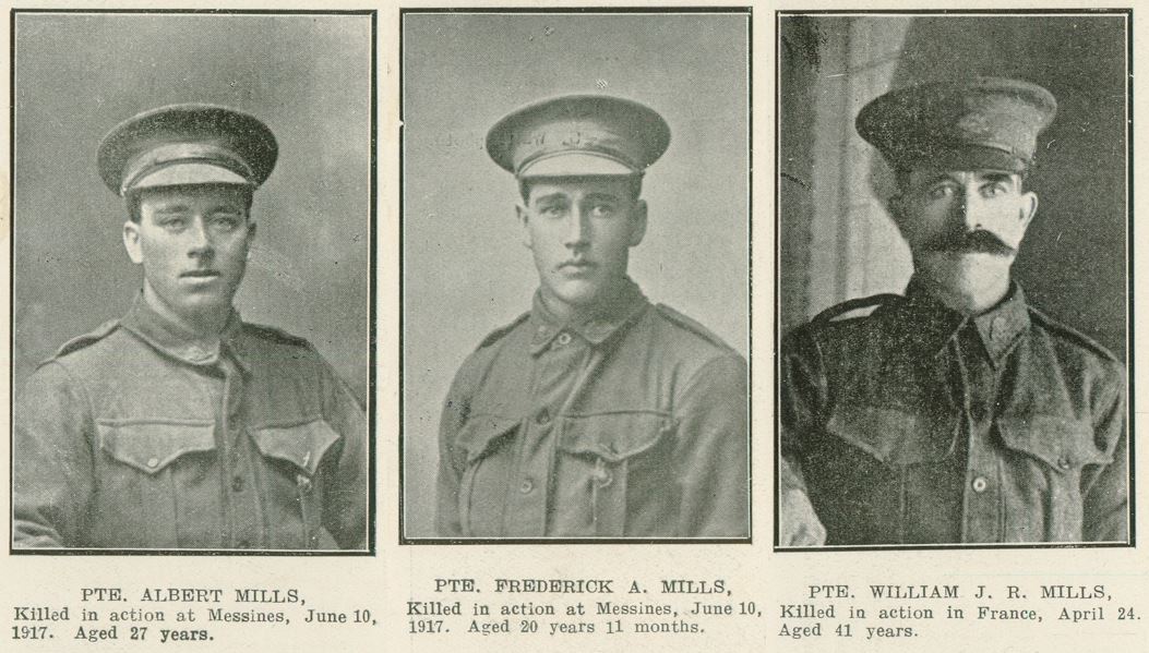 Three individual portrait photos, side by side, of men, brothers, in uniform. 