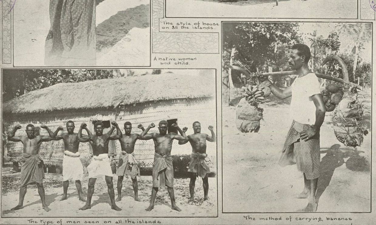 Group of photos showing boats, housing and First Nations people, 'A cruise round the islands of Torres Strait', The Queenslander, 27 October 1917