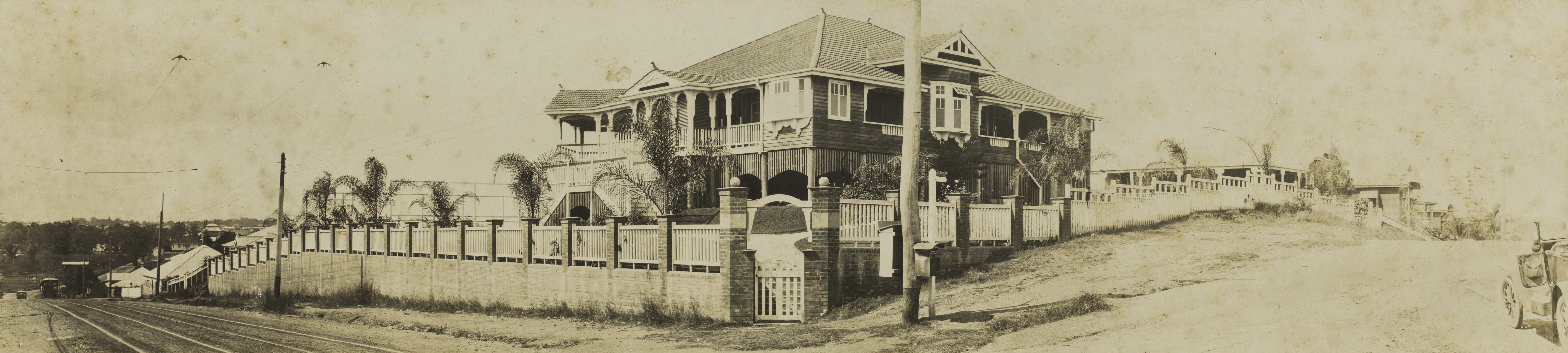 Panorama of a large Queenslander house on the corner of Milton Road and Hobbs Street, Auchenflower