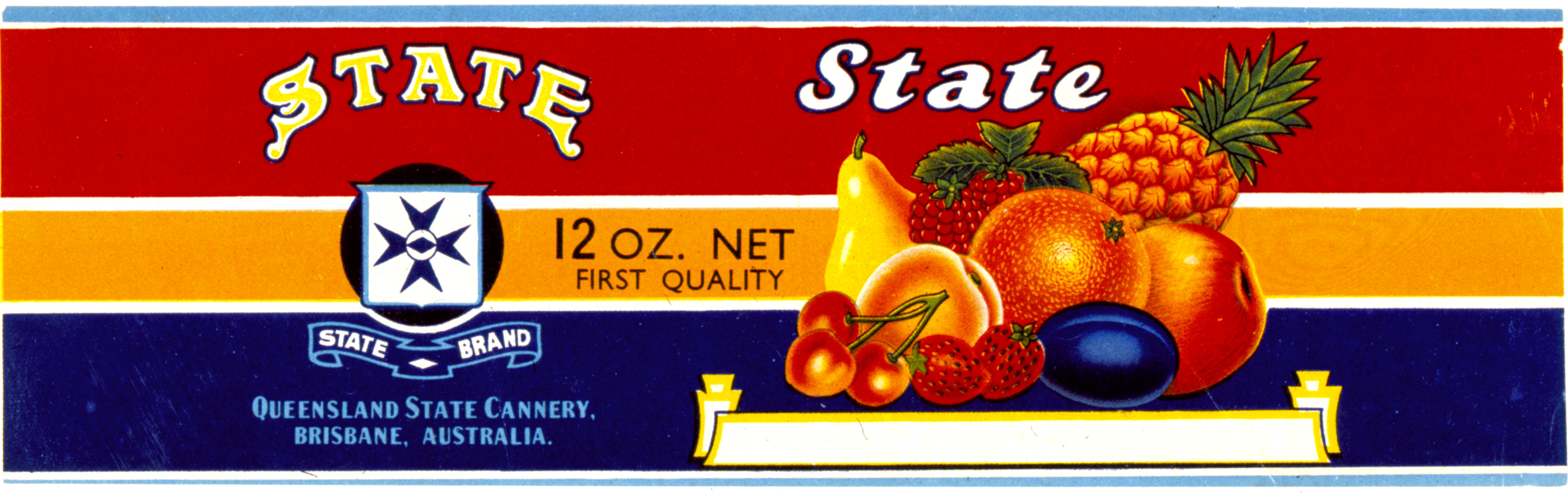 State Cannery Jam Label feautring red, orange and blue background with an assortment of fruit