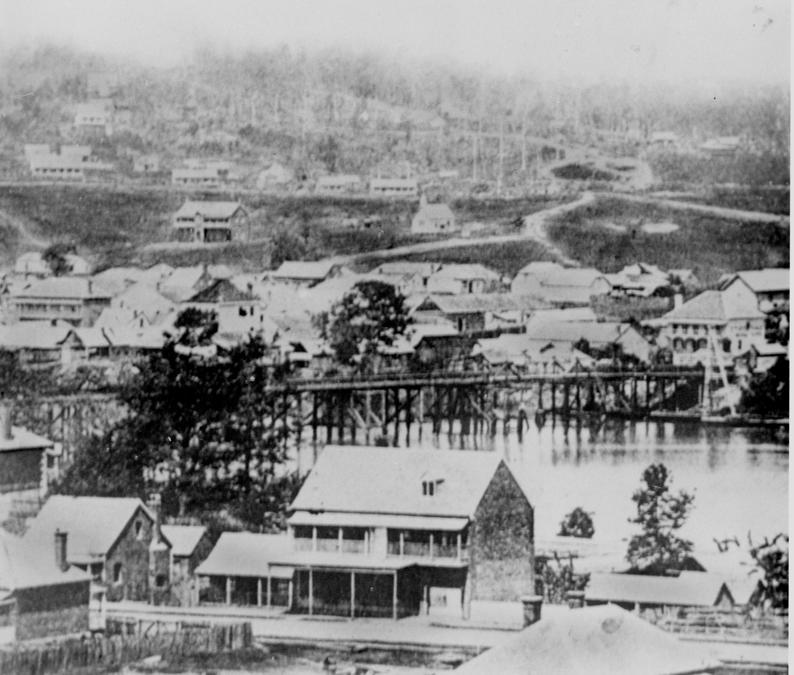  View of the first temporary Victoria Bridge, Brisbane, ca. 1865