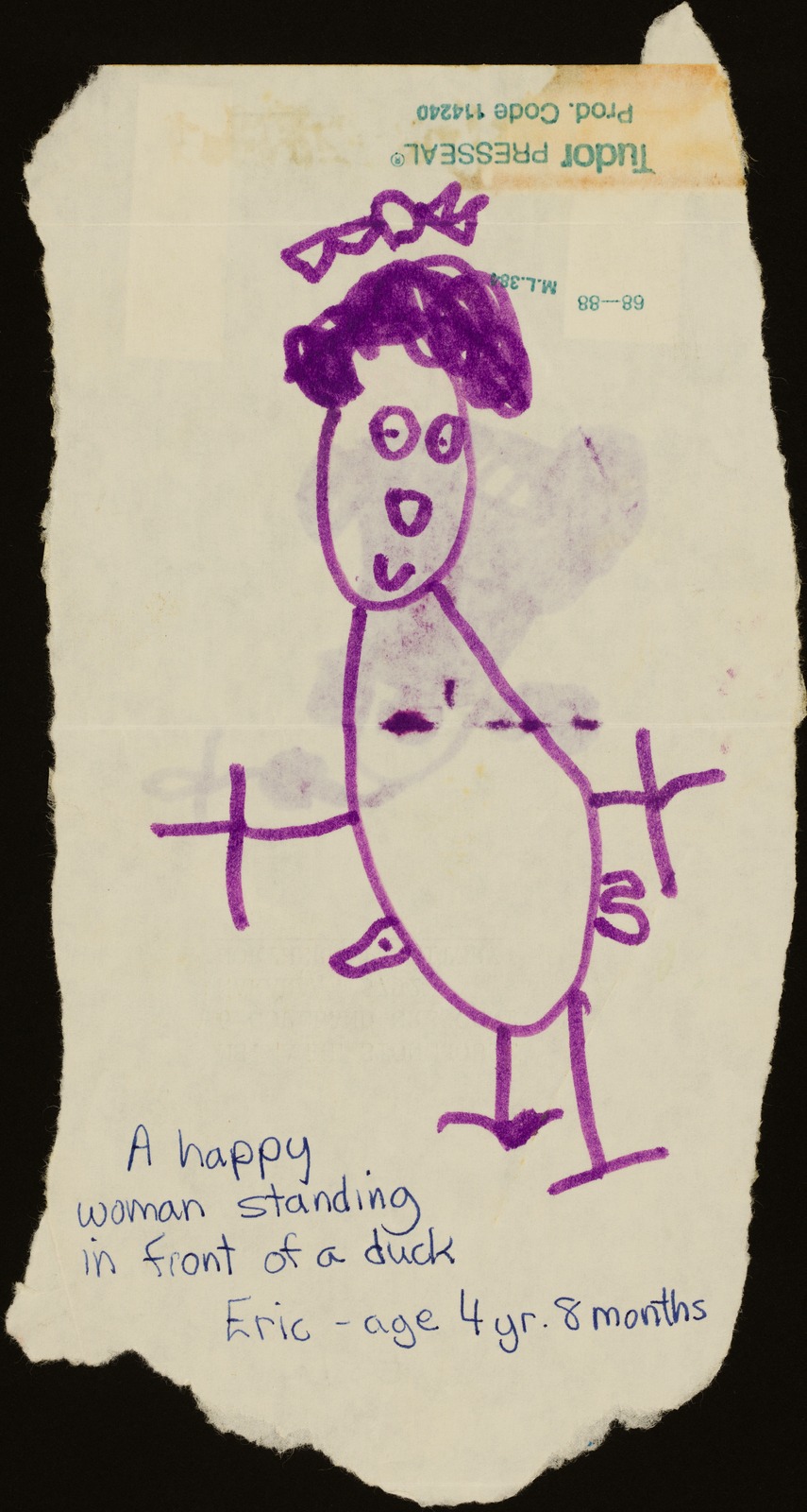child's drawing of a woman standing in front of a duck