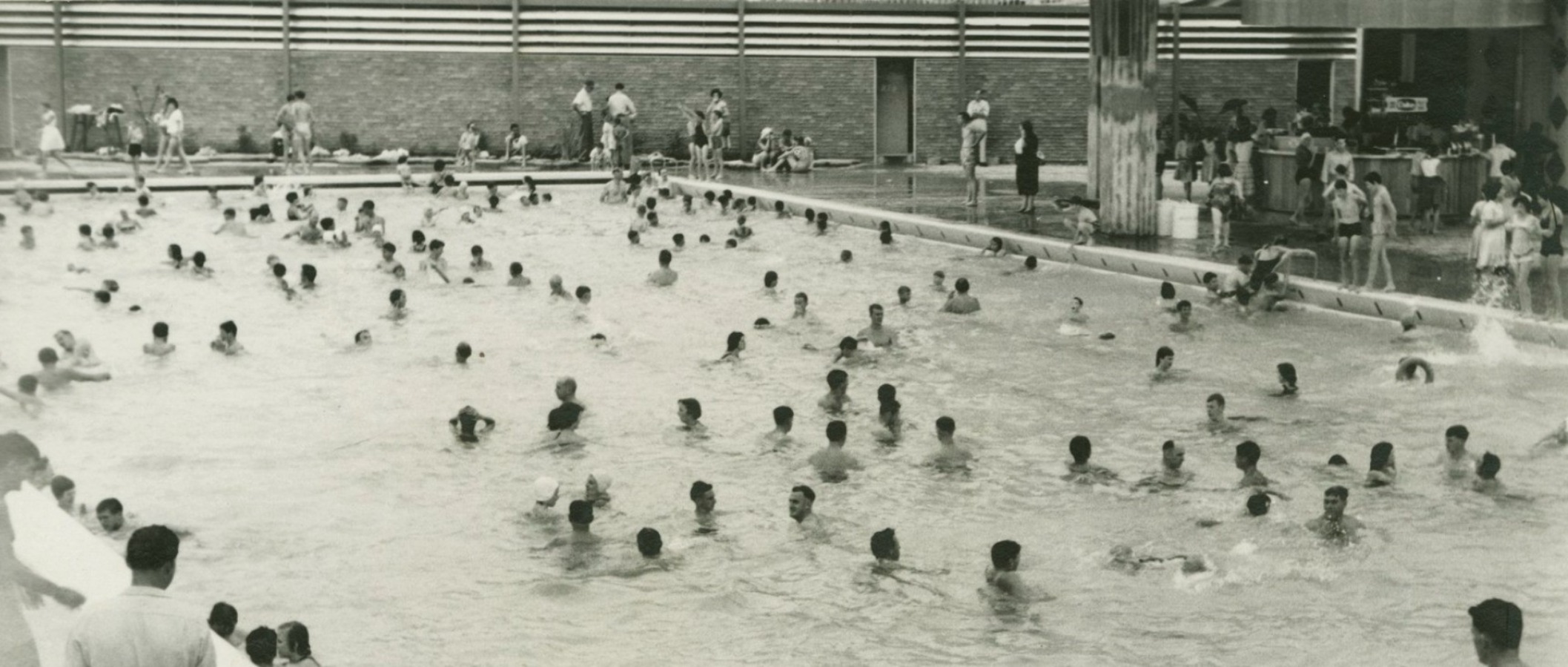 Young man diving into the busy pool
