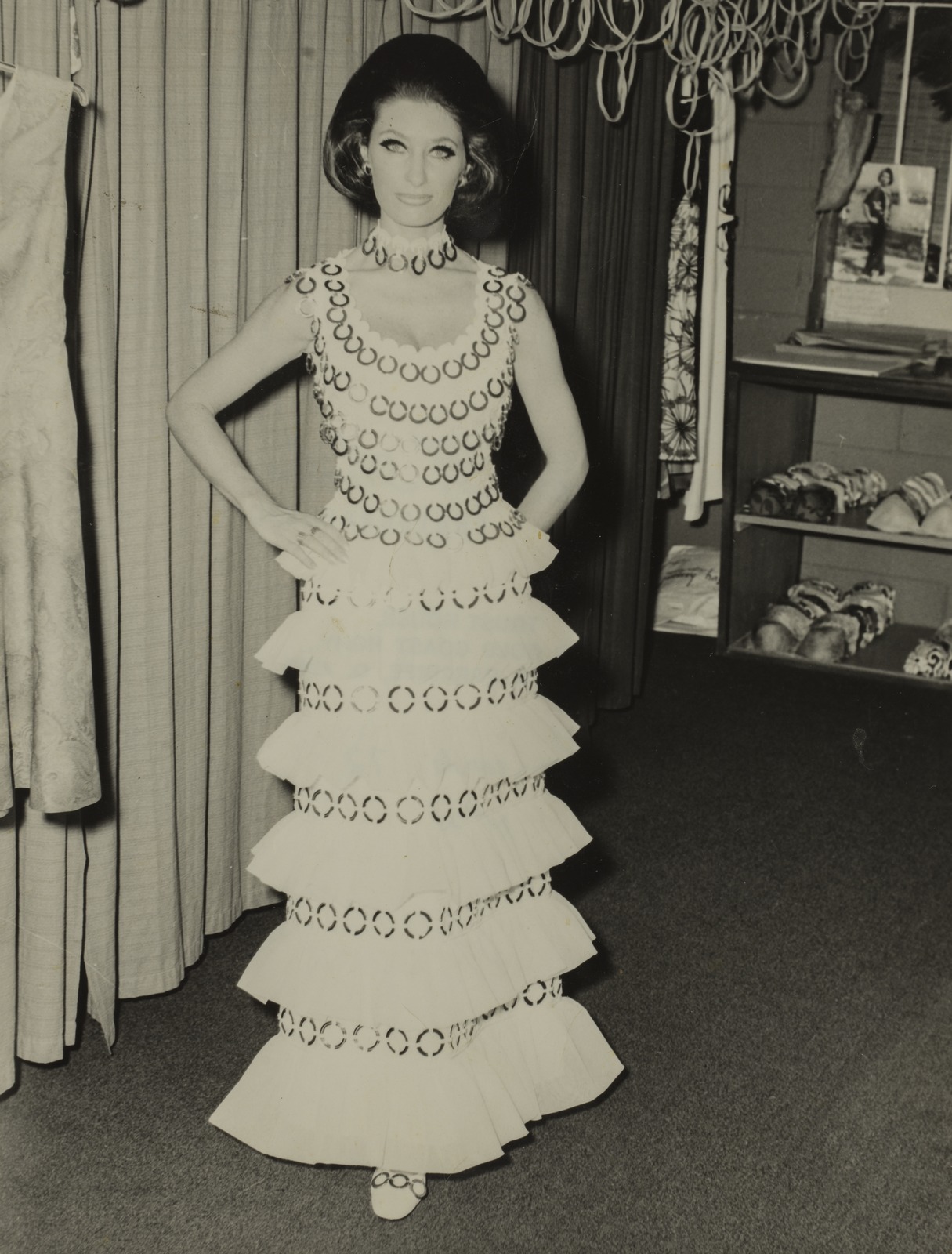Laurene Hassard modelling a white dress in 1972