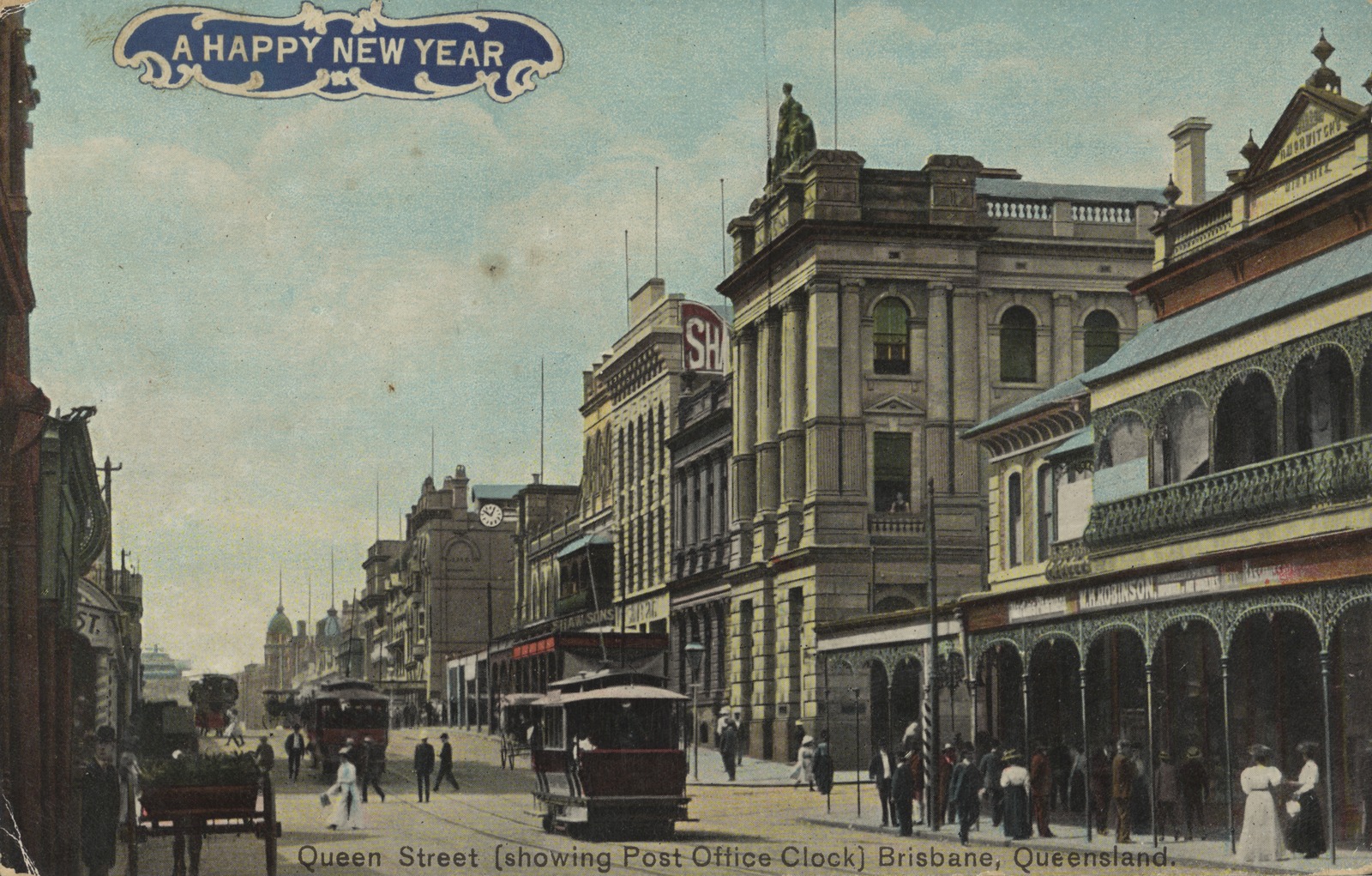 New Year postcard showing Queen Street, Brisbane