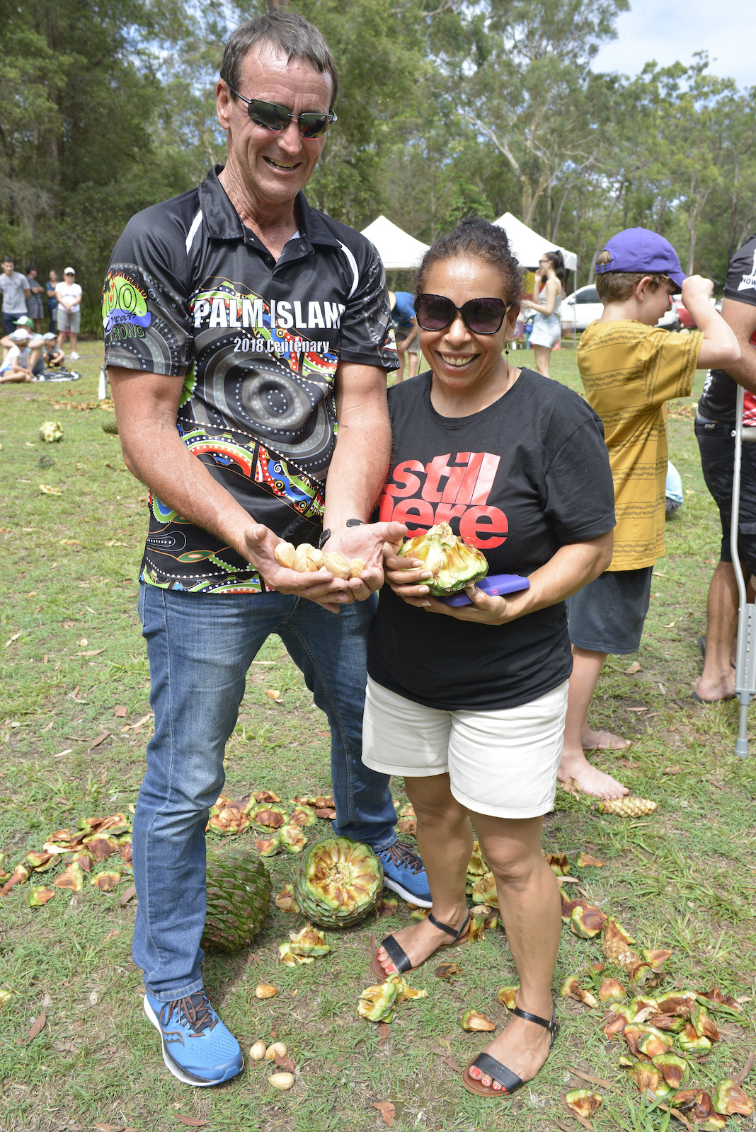 Holding out the bunya nuts after the shucking challenge at the Bunya Dreaming Festival, 26 January 2020
