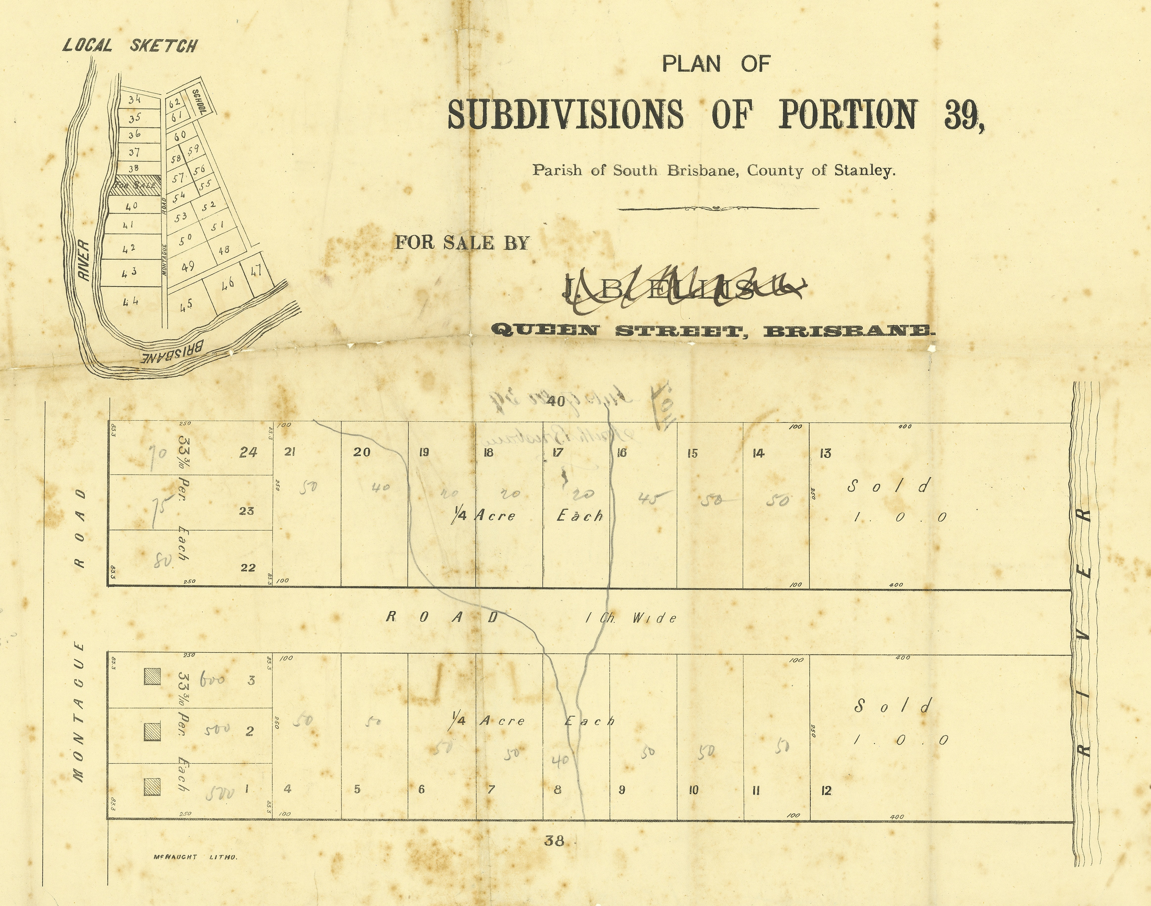Plan of subdivisions of portion 39, parish of South Brisbane, county of Stanley