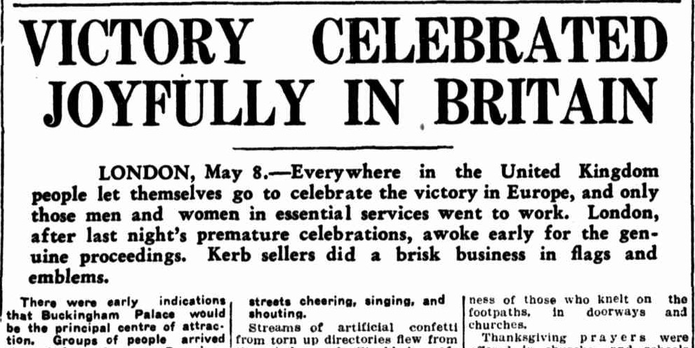 Article about Victory in Europe (VE) Day, published in the Queensland Times, 9 May 1945