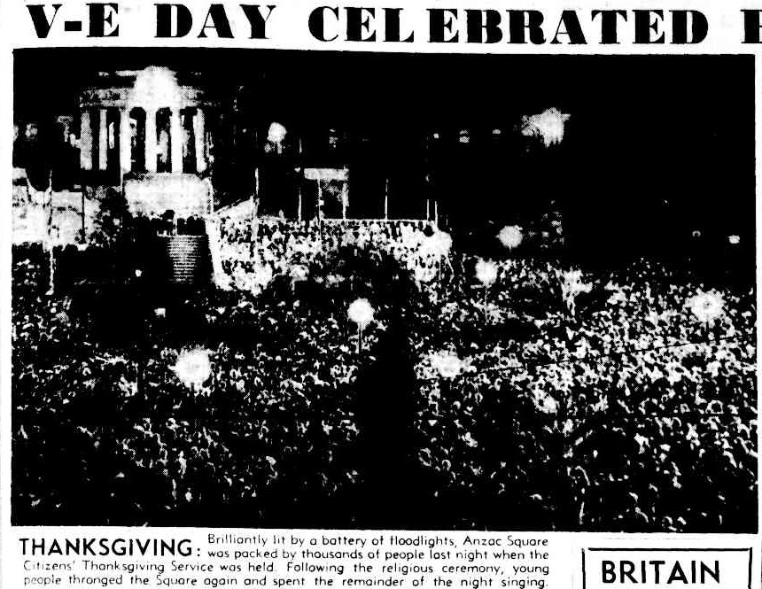Article about Victory in Europe (VE) Day celebrations in Brisbane, published in The Courier-Mail, 10 May 1945, p.3