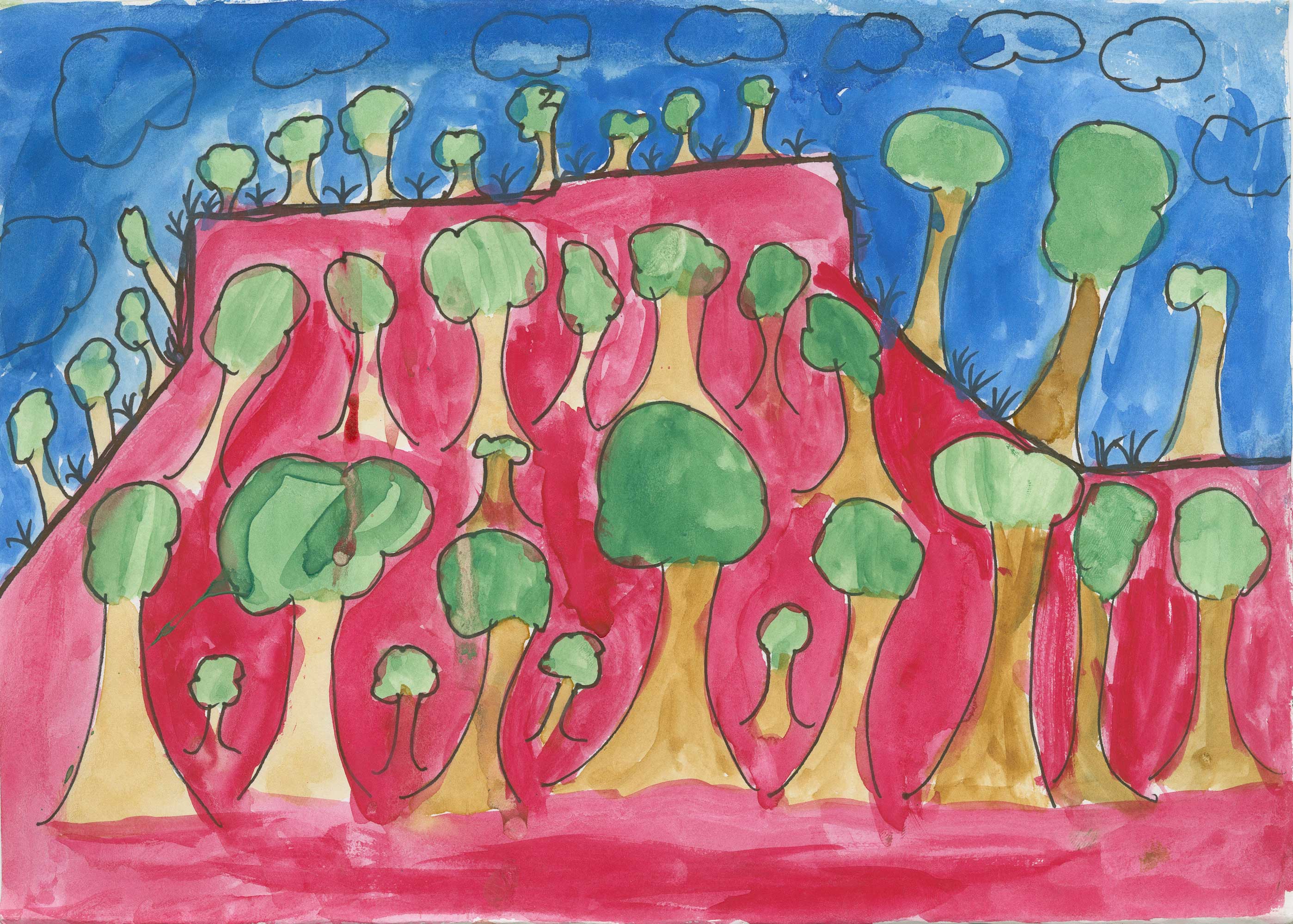 Child's artwork of trees with a virbrant colour.