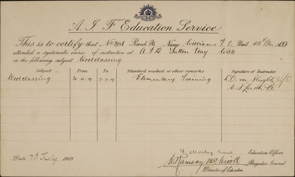 Image of A.I.F. Education Service Certificate awarded to Victor Owen Williams for woolclassing, 7 July 1919