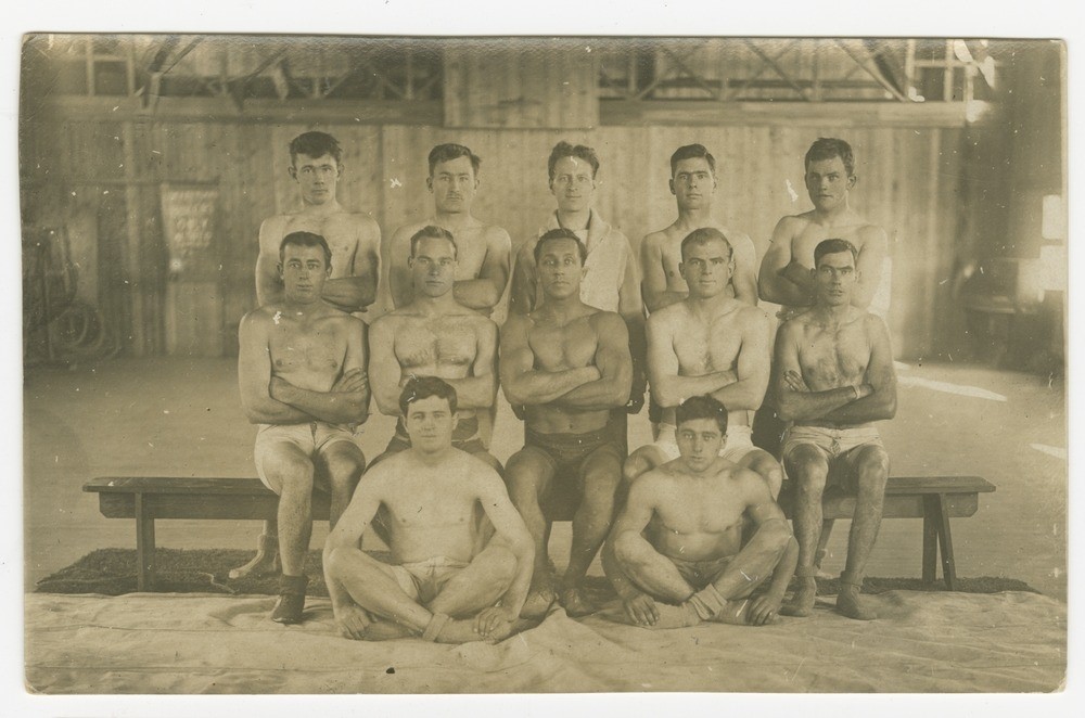 Sepia photo of wrestlers at the 1st Australian Convalescent Depot in the Y.M.C.A. Gymnasium in Le Havre, France, 1918