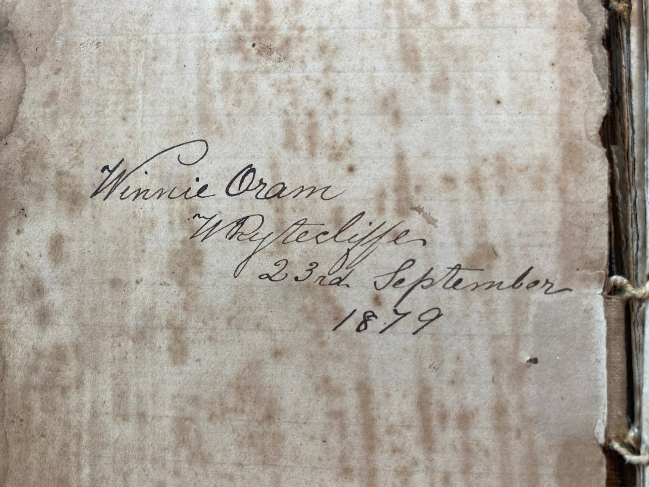 Inscription of Mary Ann Winifred Oram’s Cookbook