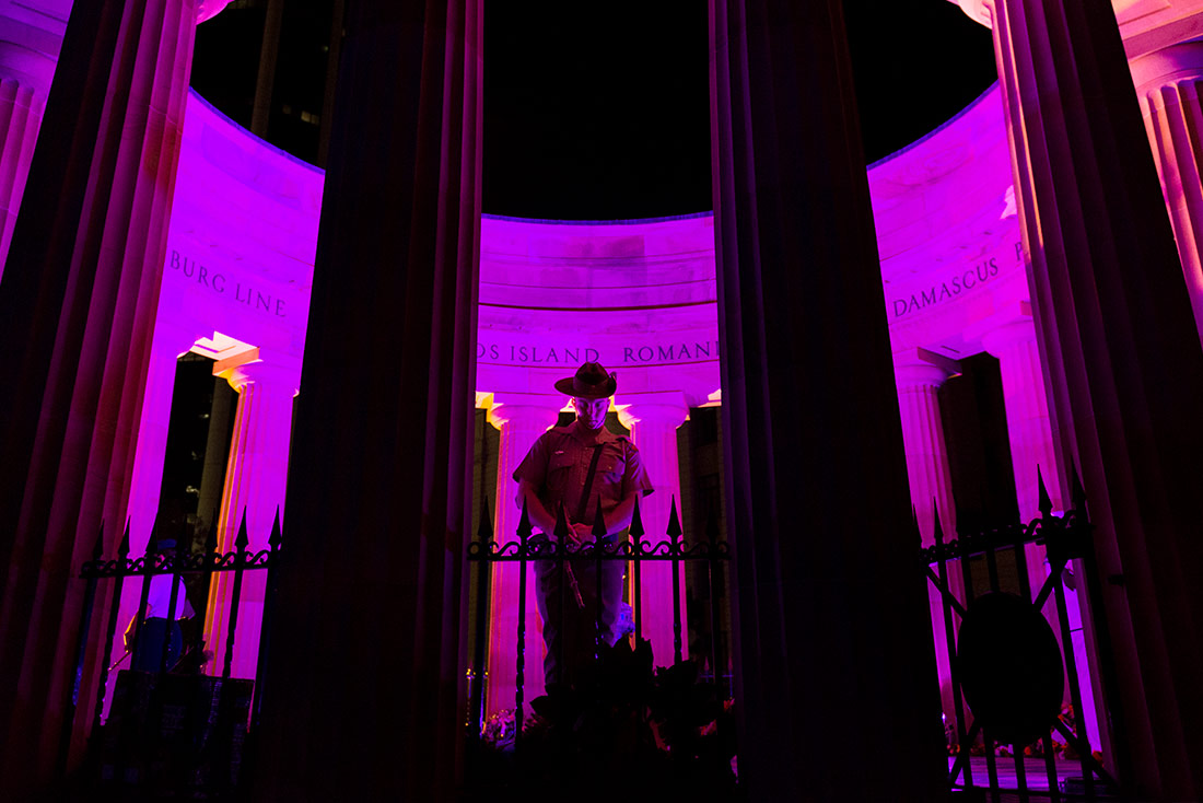 Shrine of Remembrance Bathed in Purple Light at the Anzac Dawn Service