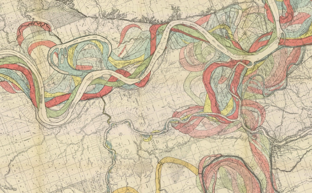 Hand drawn maps tracing the Mississippi River from southern Illinois to southern Louisiana.