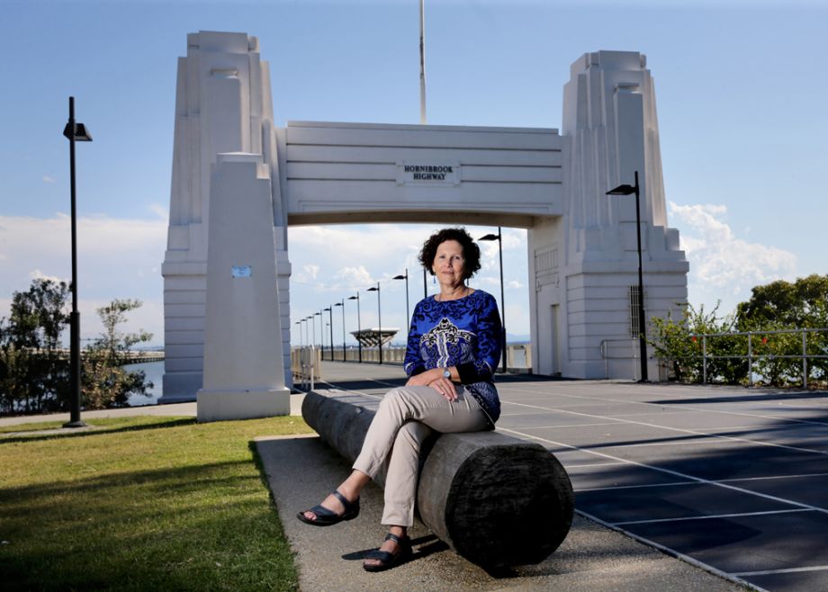 Thanks to the Moreton Bay Herald for image of Julie Hornibrook when she visited Redcliffe to give a talk to the Museum on the 80th anniversary of the Opening of the Hornibrook Highway. This was taken on Clontarf pier, with a hardwood girder salvaged from the Bridge in the foreground.