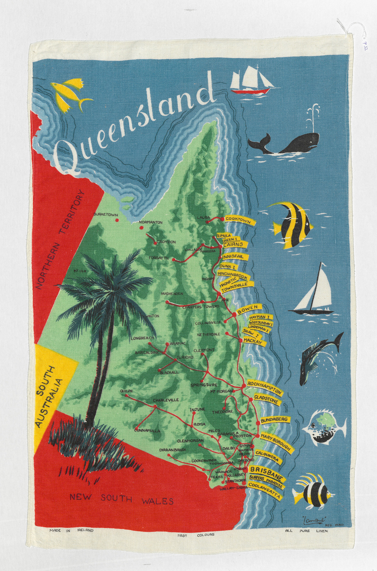 Colourful tea towel of Map of Queensland 0932
