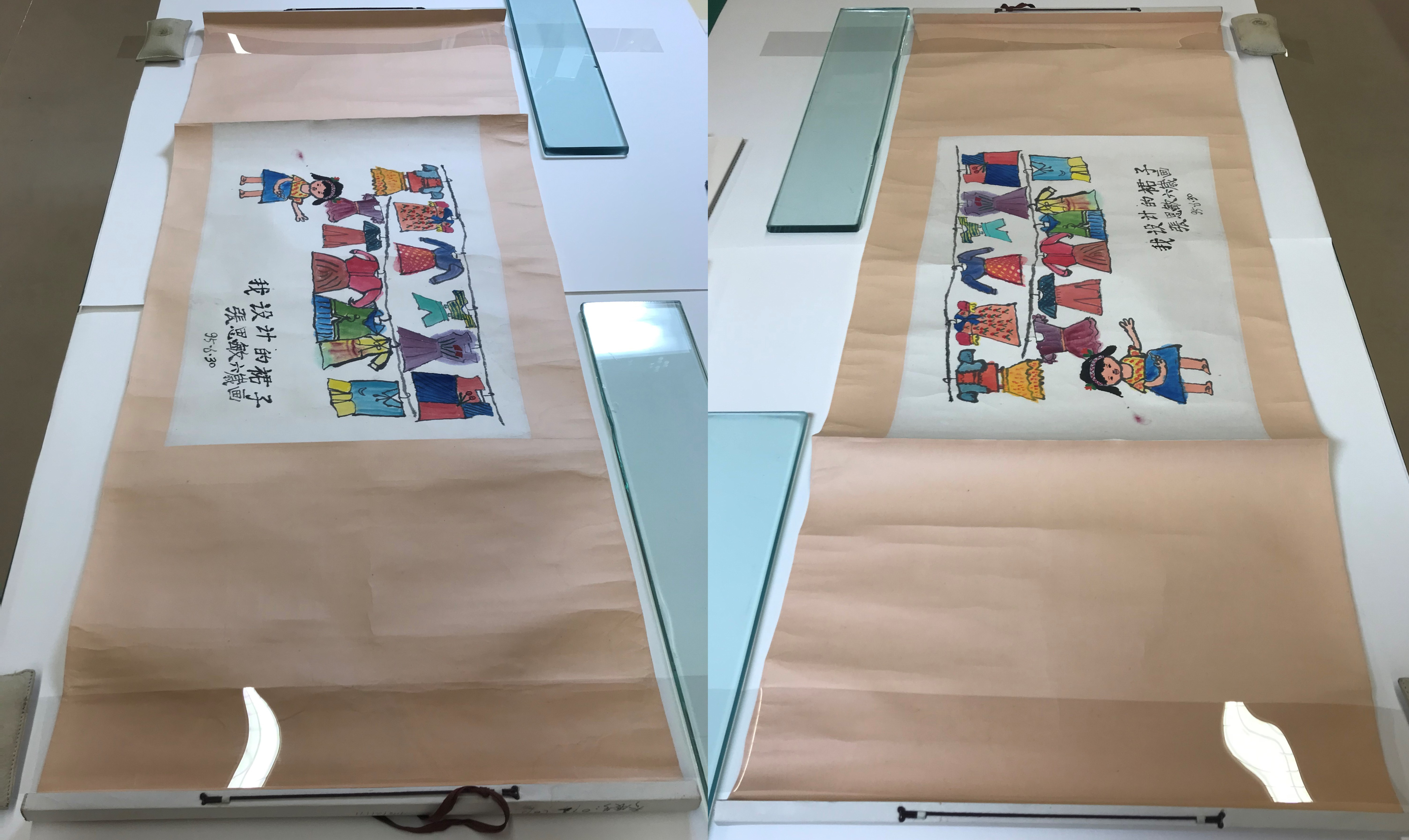 Before conservation: two views in raking light angled across the artwork, highlights damages to the artwork’s borders