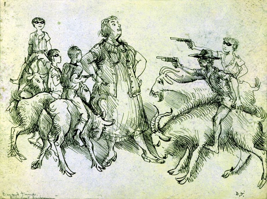 Donald Friend The billygoat bushrangers. Exhibited at the Johnstone Gallery in A selection of drawings 22 March – 14 April 1972