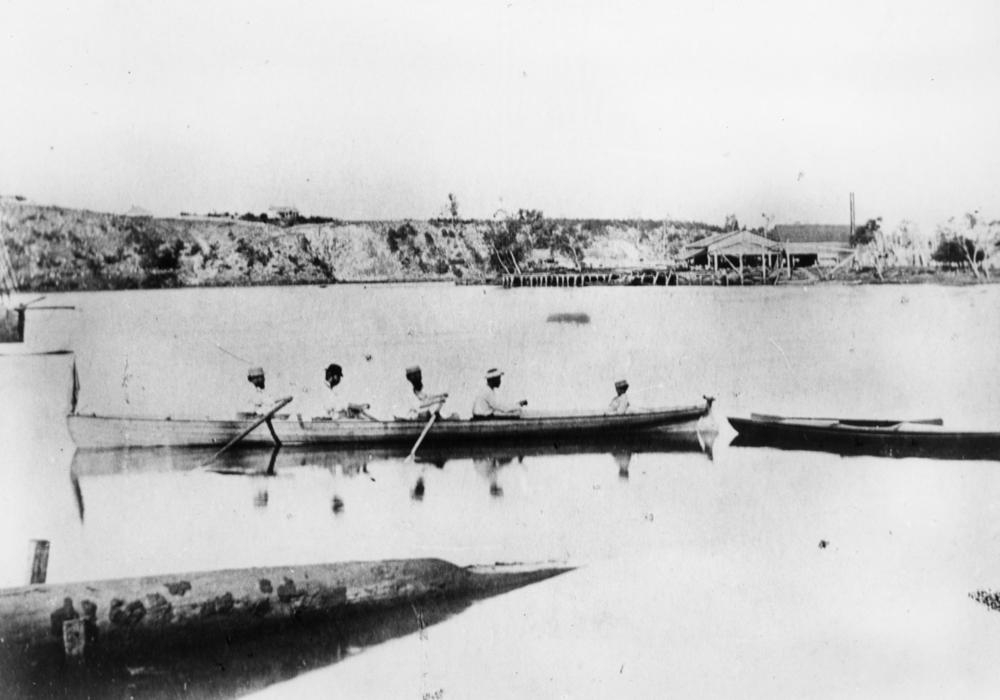 Bramston, Herbert, Archer, Huxtable and Miles rowing in the scull 'Nina', John Oxley Library, State Library of Queensland Neg: 147717