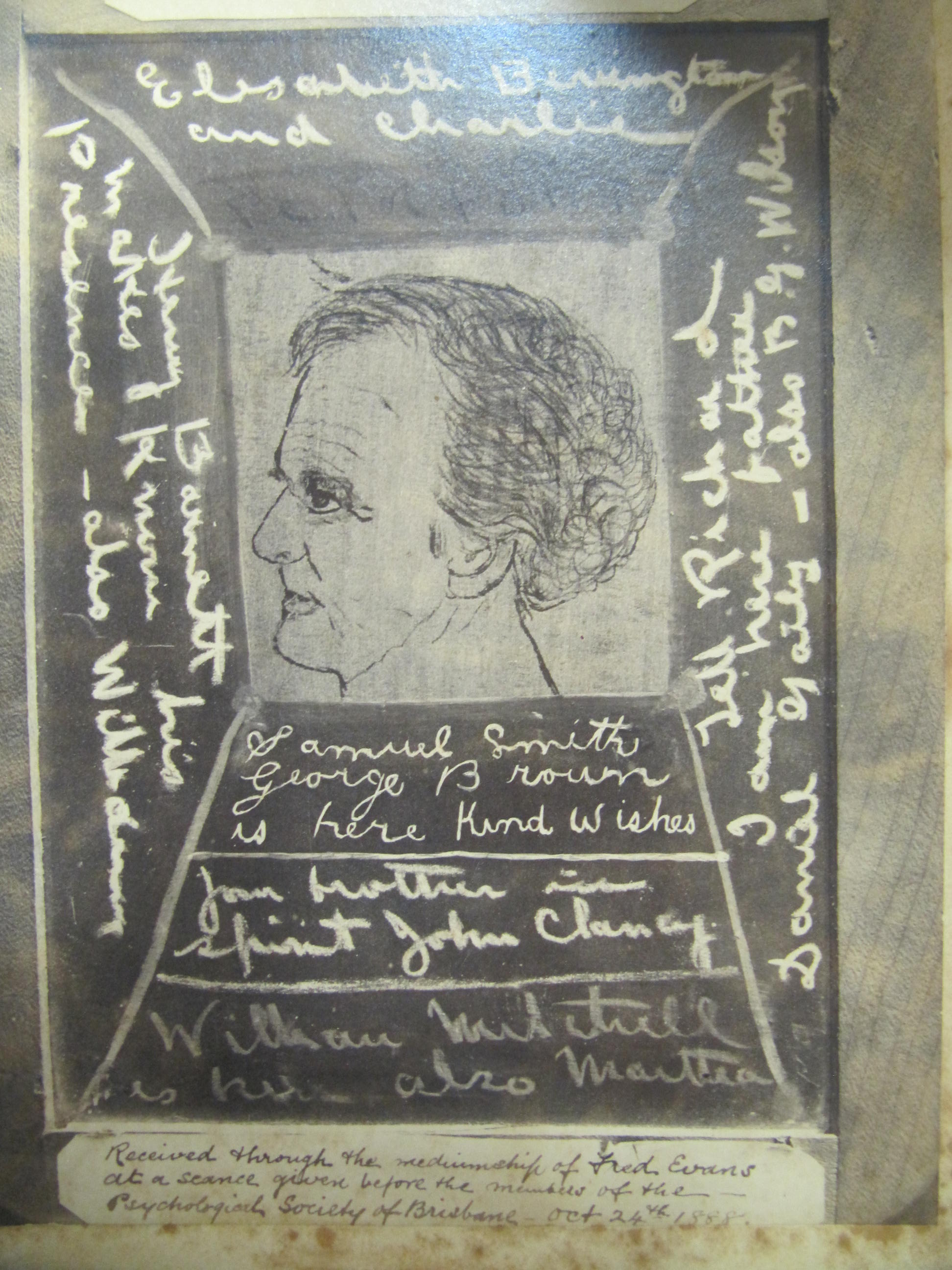 Photograph of spirit slate-writing which occurred during a séance in Brisbane on 24 October 1888.