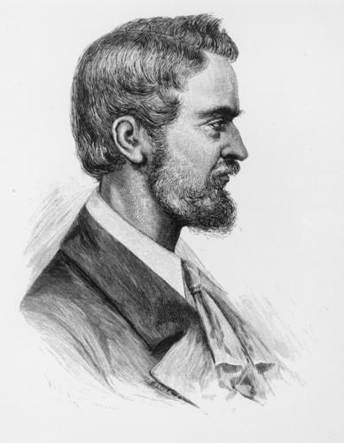 black and white sketch of Ludwig Leichhardt wearing a suit and tie with a beard. 