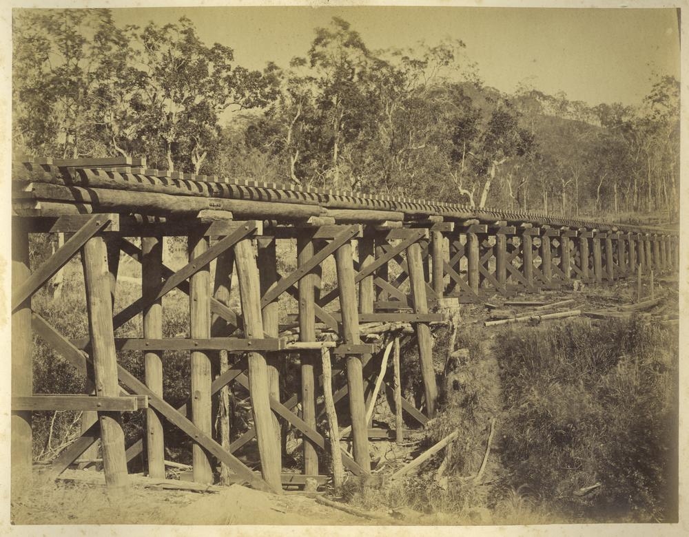 Brushy Creek railway bridge on the Bundaberg line, ca. 1882. 