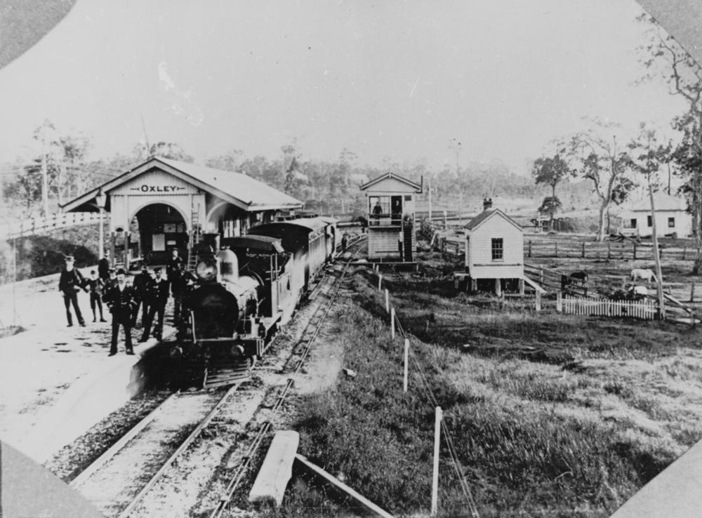 Steam engine at Oxley Railway Station, Brisbane 1876.