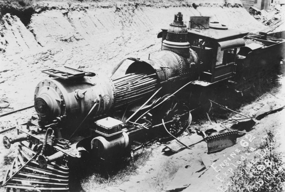 Wrecked steam locomotive after its boiler exploded, Brisbane 1898.