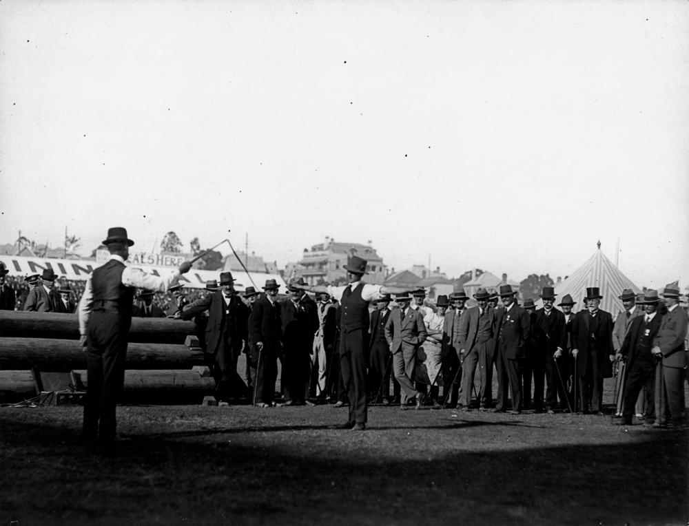Edward Prince of Wales watching a whipcracking demonstration at the Brisbane show, July 1920. John Oxley Library, State Library of Queensland. Neg 193589