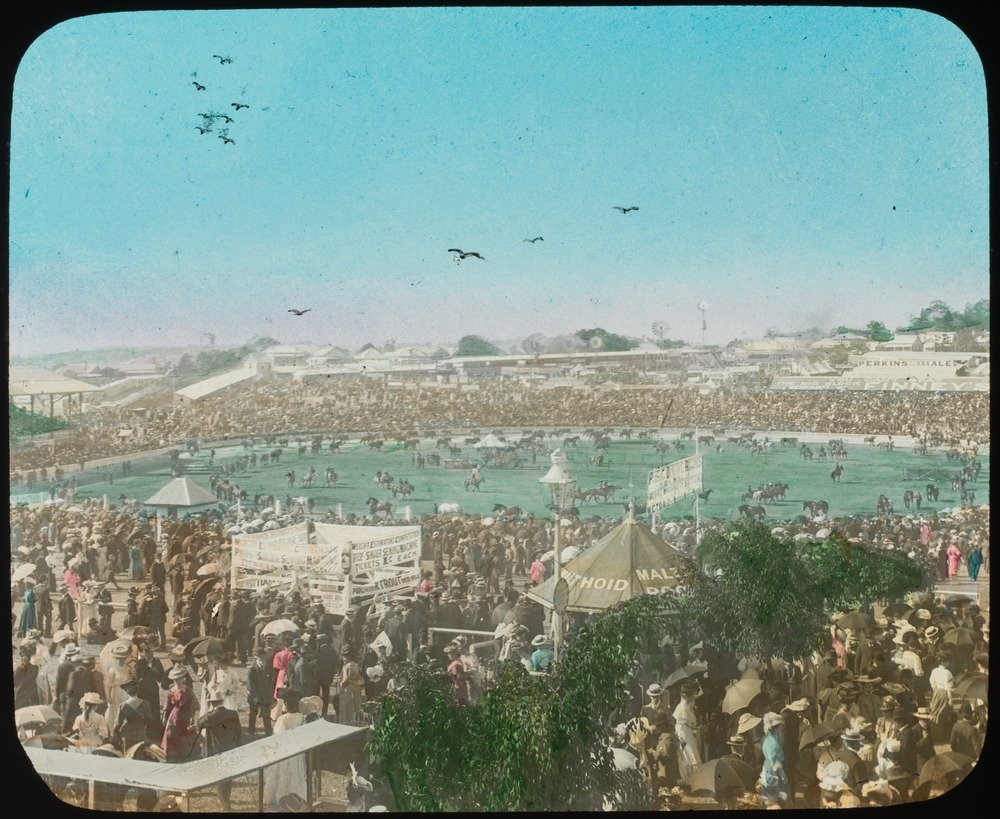 Large crowds in attendance at the main arena at the Exhibition grounds, Brisbane, Queensland, ca. 1910.