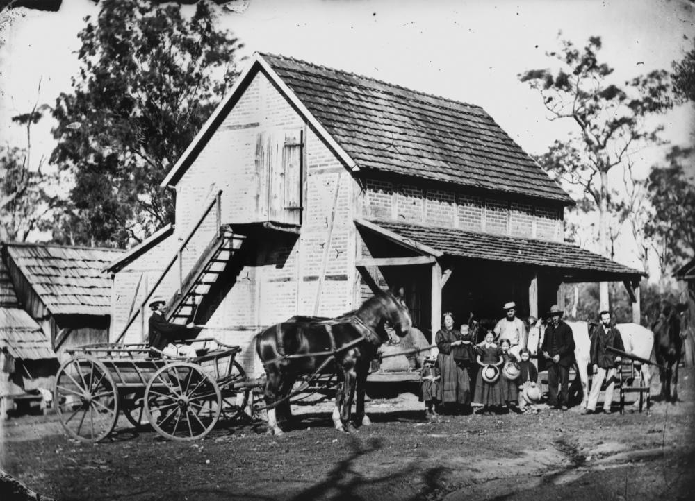 Image of German family outside a farm building in the Bethania area, Queensland ca. 1871