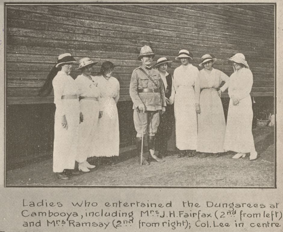 "Ladies who entertained the Dungarees at Cambooya, including Mrs J.H. Fairfac (2nd from left) and Mrs Ramsay (2nd from right); Col. Lee in centre". John Oxley Library, State Library of Queensland. Image 702692-19151127-0021