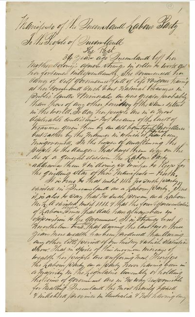 Manifesto of the Queensland Labor Party, 9 Sep 1892, OM69-18/16 - Papers of Charles Seymour. John Oxley Library, State Library of Queensland
