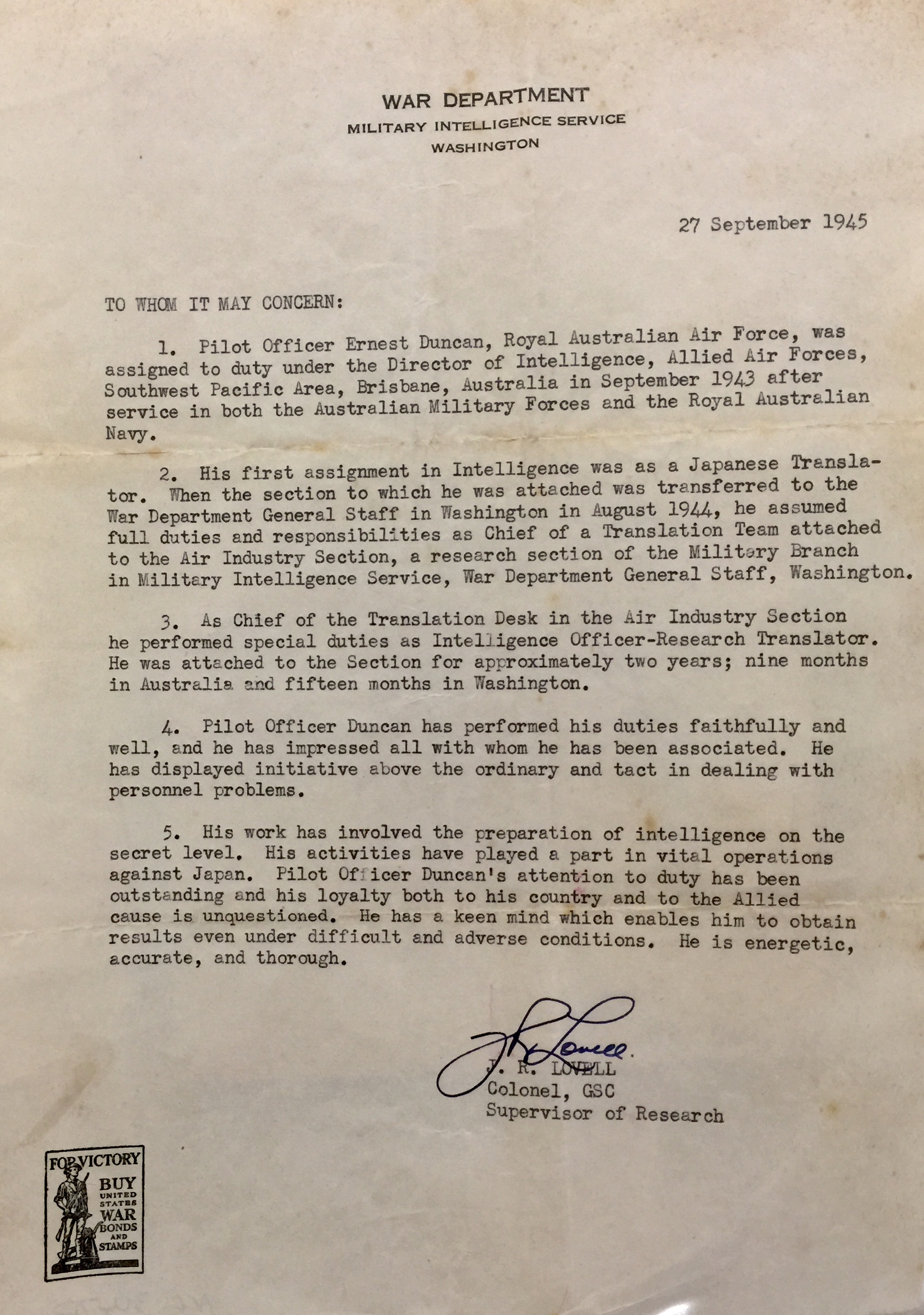 Statement of Pilot Officer Ernest Duncan's Military Intelligence Service, 27 September 1945
