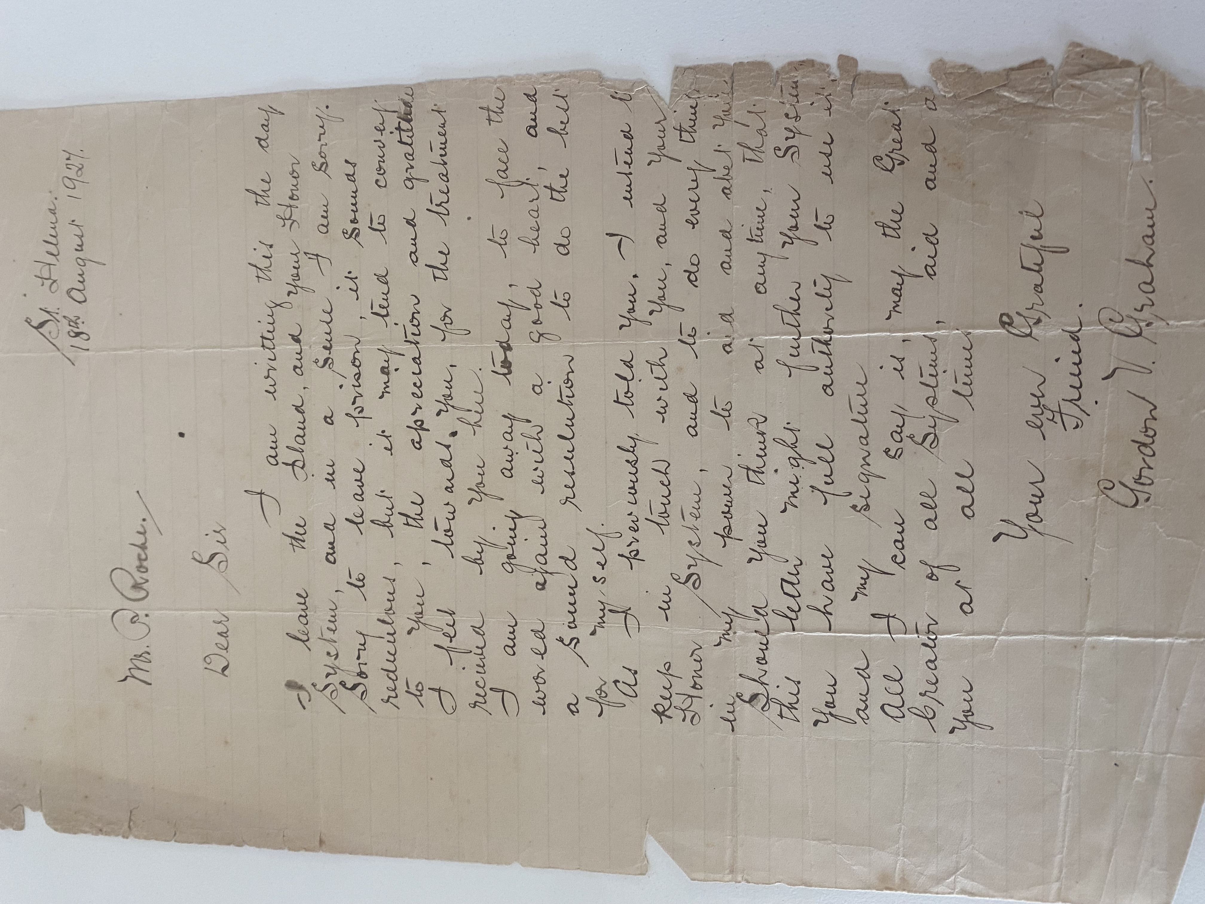 Letters that sent to acting superintendent Patrick Roche by prisoners to express the gratitude for the honour system and the time they served as St Helena Island Prison Farm, August 1927.