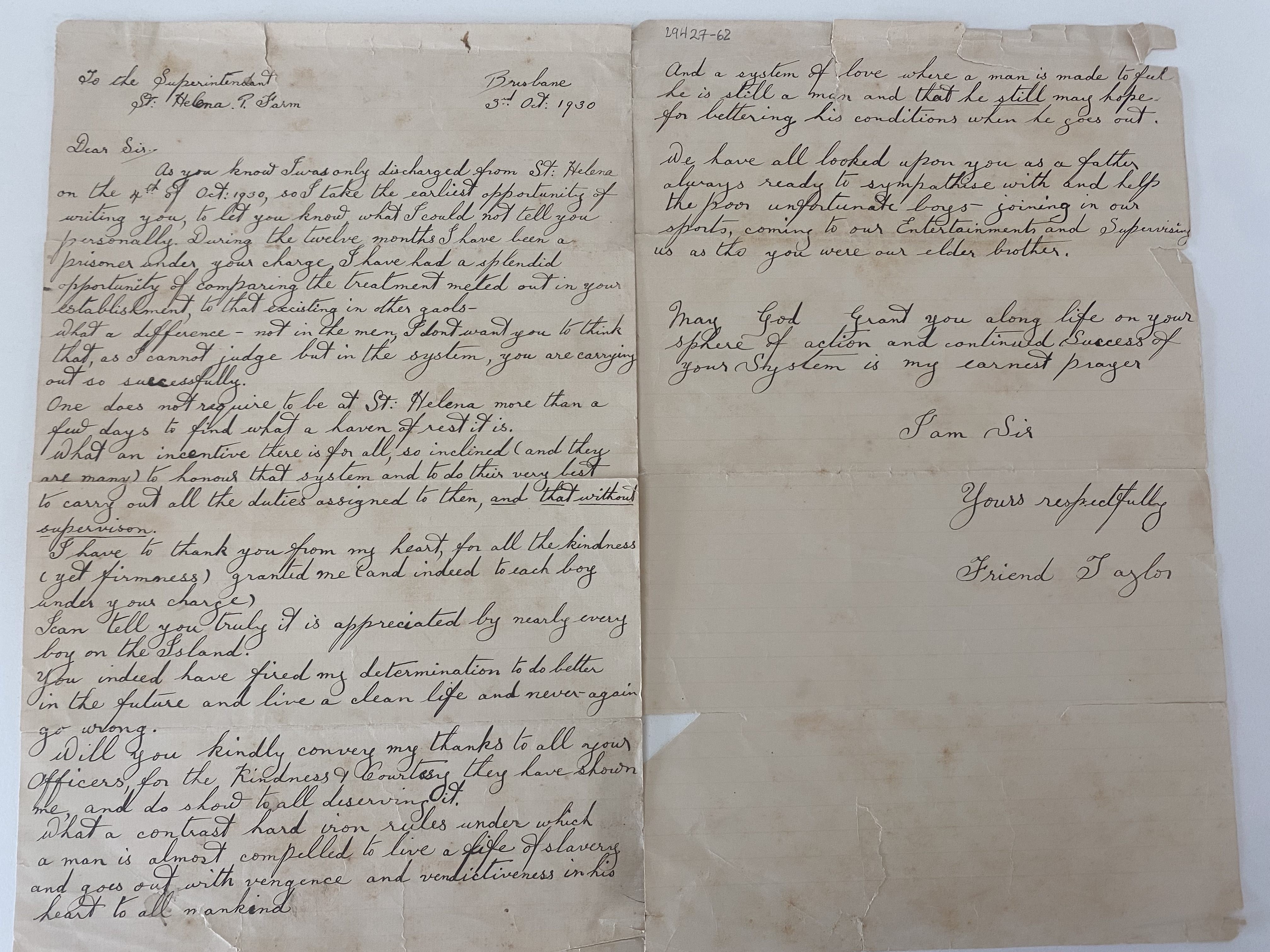 Letters that sent to acting superintendent Patrick Roche by prisoners to express the gratitude for the honour system and the time they served as St Helena Island Prison Farm, October 1930.