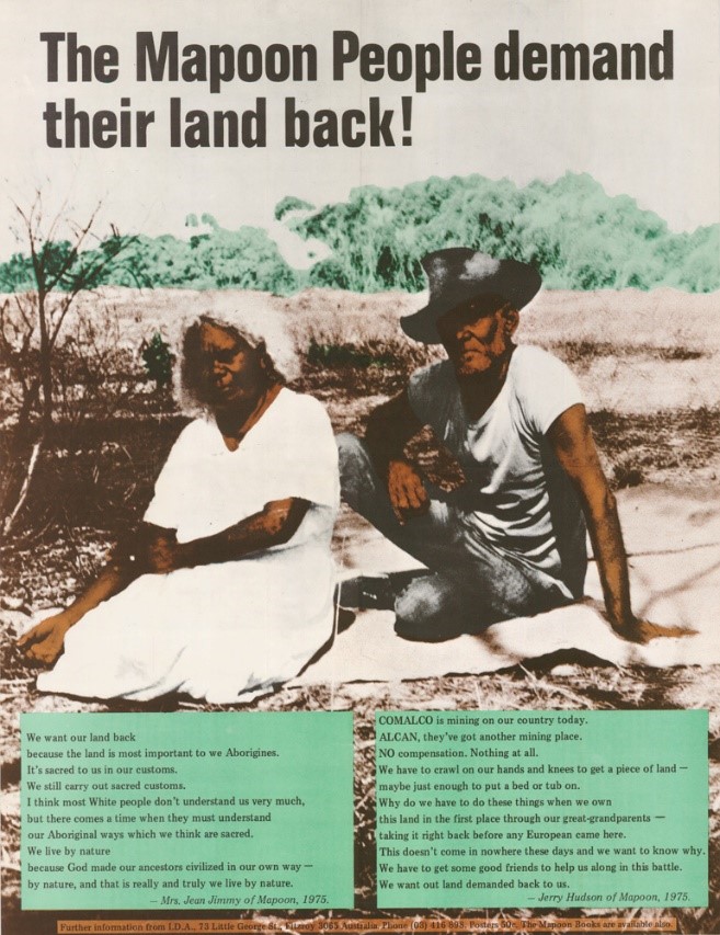 two indigenous people face the photographer in a land rights poster, 1963