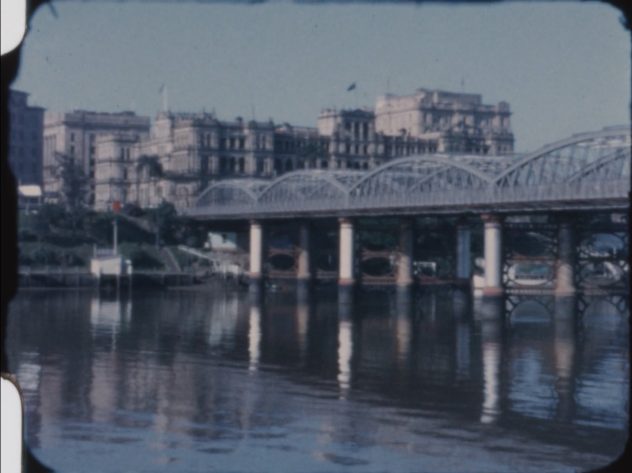 The Victoria Bridge and Treasury Building. Still from 31807 Merryl McKay film footage of Brisbane.