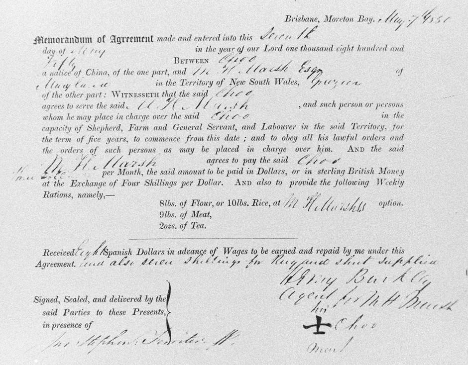 Memorandum of agreement between Choo and M.H Marsh owner of Maryland Station in 1850. John Oxley Library, State Library of Queensland. Neg 161619
