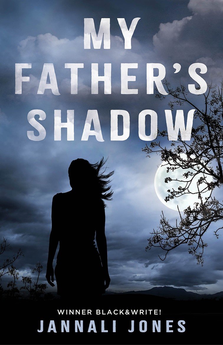 Book cover for My Father's Shadow. Mysterious silhouette of a person facing a cloudy night and large moon. 