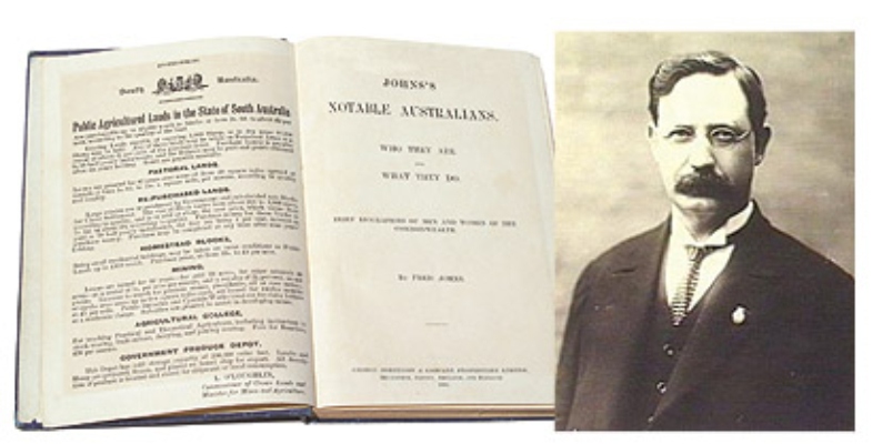 Open book of Notable Australians and sepia photo of editor Fred Johns