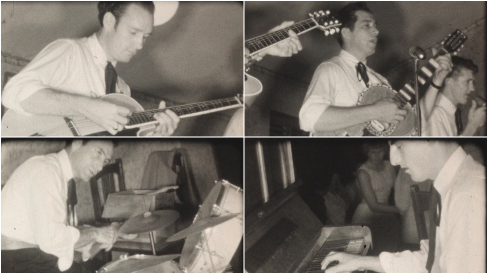 Four images of a band believed to have been The Rocketts, Queensland's first rock 'n' roll band, ca.1957.