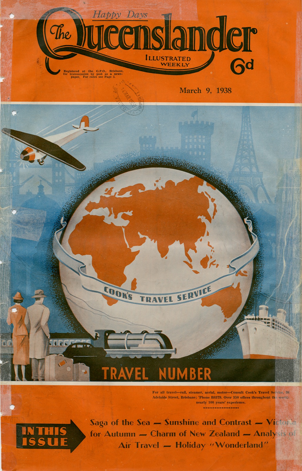 Illustrated front cover from The Queenslander, March 9, 1938 showing a couple looking at a large globe and the southern hemisphere
