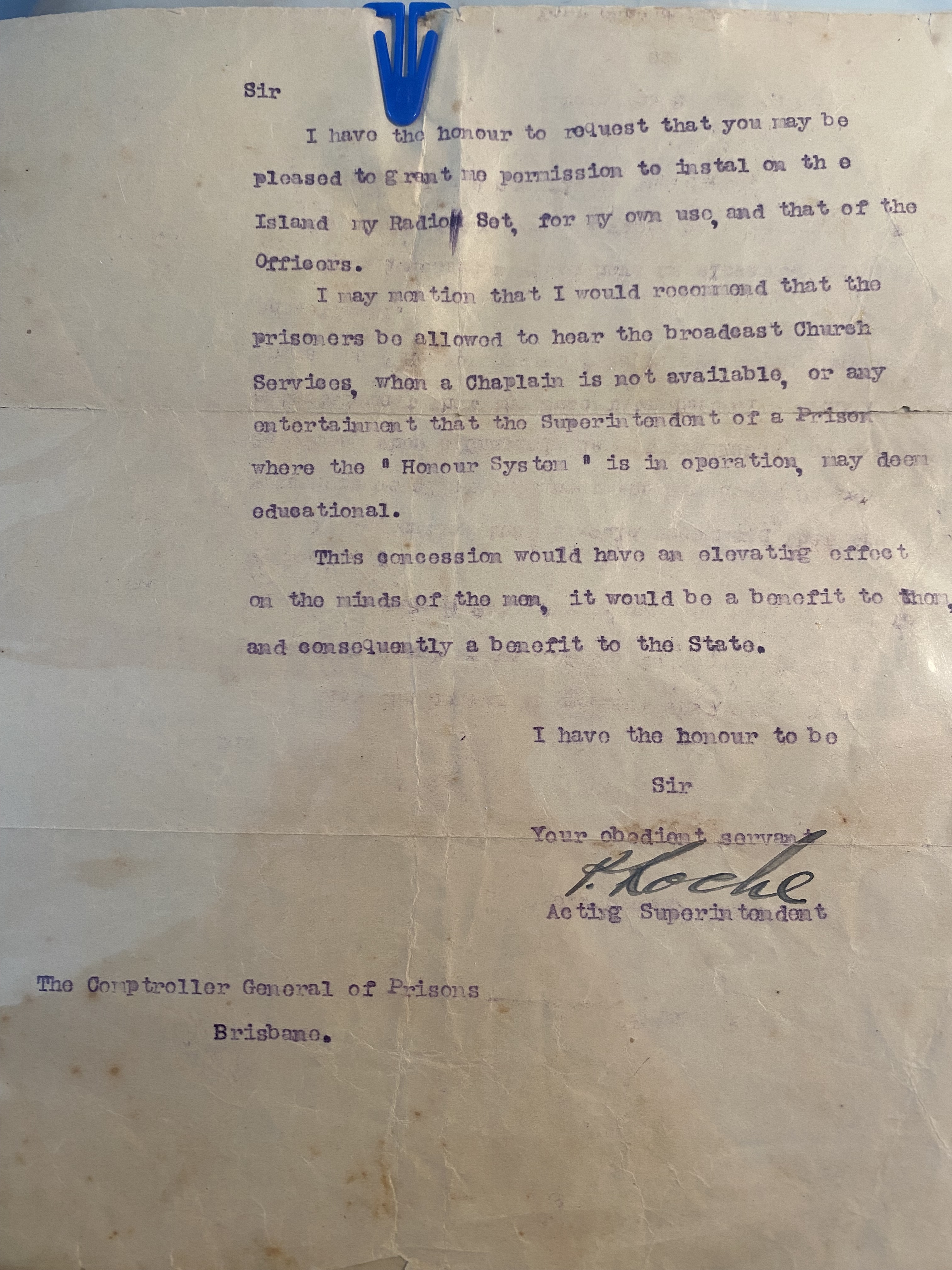 Letter from acting superintendent Patrick Roche to Comptroller General of Prisons, Brisbane requesting a radio for the St Helena Establishment, 1927.
