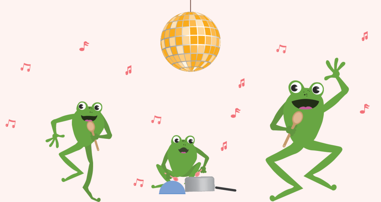 Illustrated frog family singing and playing