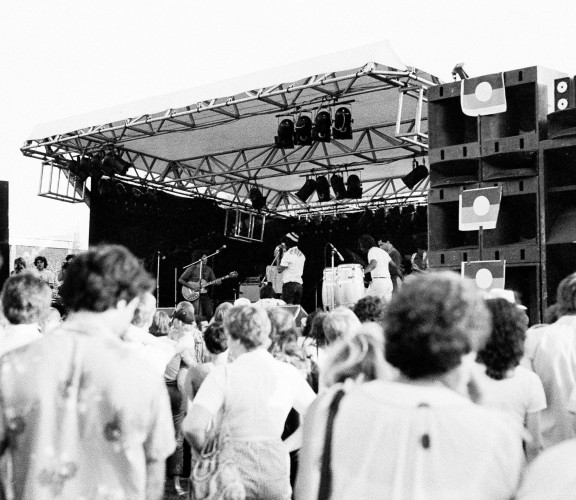 Band playing on stage to crowd