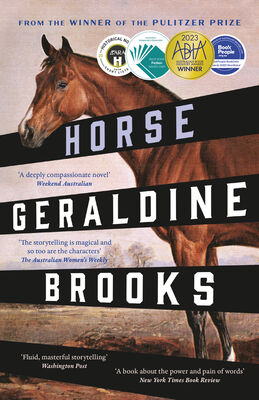 The cover of Horse by Geraldine Brooks, which shows a painting of a horse at a fence.