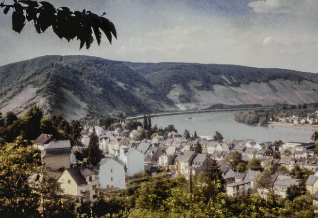 Colour landscape photo of a town nestled on the riverbank of the Rhine in Germany  