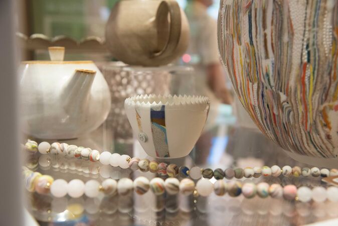 close-up view of beads and ceramics in shop display